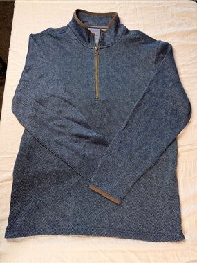 Weatherproof Men's Navy Herringbone Quarter-Zip Sweater with Brown Trim